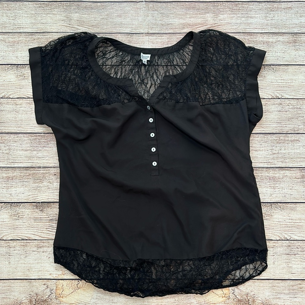 Charming Charlies Black Lace Short Sleeve Silky Blouse Size Medium